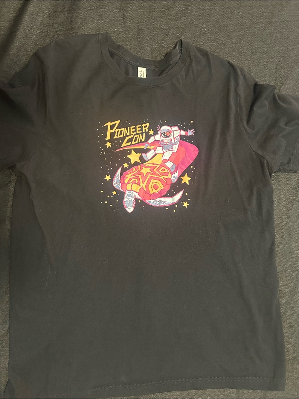Pioneer Con - Bella Canvas Black Tee with Colorful Astronaut & Turtle Graphic